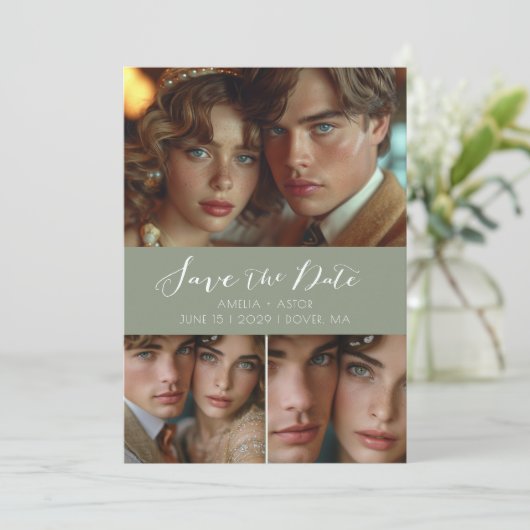 Modern Script Photo Collage Sage Green Save The Date (Staand voorkant)