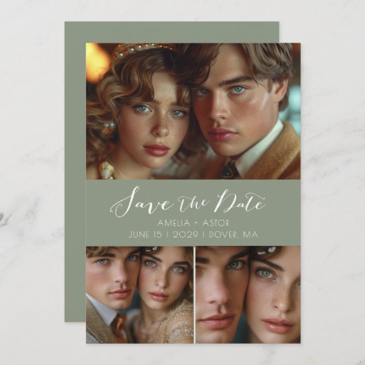 Modern Script Photo Collage Sage Green Save The Date (Voorkant / Achterkant)