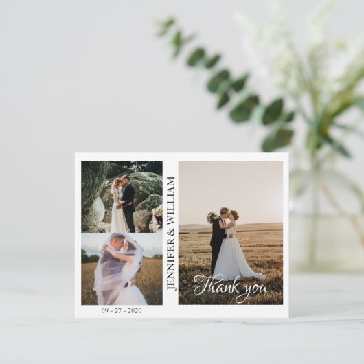 Modern Script Photo Collage Weddenschap Bedankt ka Kaart (Staand voorkant)