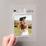 Modern Script Photo Graduation Announcement Acryl Uitnodigingen<br><div class="desc">Share the exciting news with this Modern Script Photo Graduation Announcement, thoughtfully designed to celebrate your graduate’s milestone with timeless style. Featuring elegant flowing script paired with clean modern typography, this personalized announcement beautifully highlights a favorite graduation photo while sharing important details with family and friends. Perfect for high school...</div>