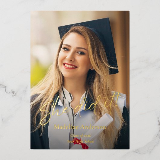 Modern Script Photo Graduation Announcement Folie Uitnodiging (Voorkant)