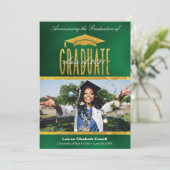Modern Script Photo Green & Gold Afstudeerder aang Aankondiging (Staand voorkant)