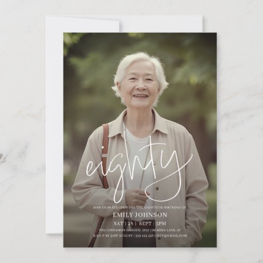Modern Script Photo Minimal 80th Birthday Kaart (Voorkant)