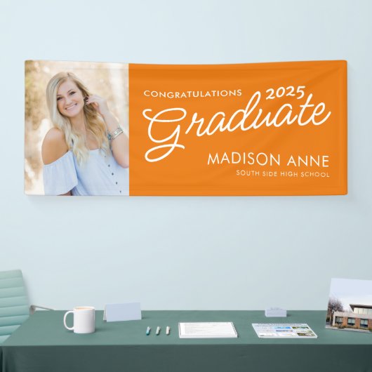 Modern Script Photo Oranje Afstuderen Spandoek (Beurs)