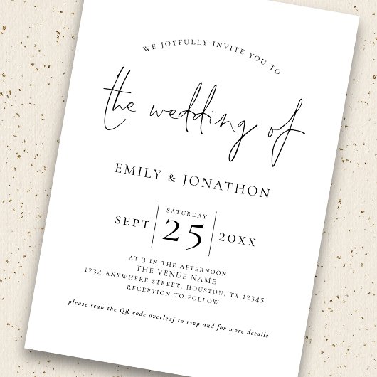Modern Script Photo Overlay QR Zwart Wit Bruiloft Kaart