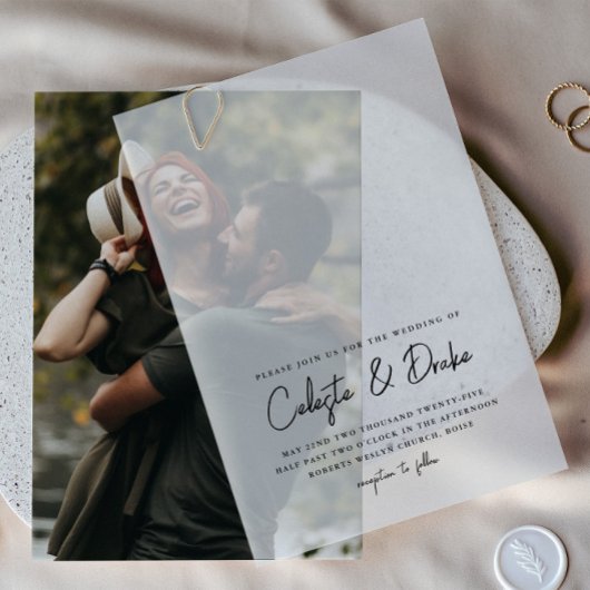 Modern Script Photo Overlay Wedding Vellum Uitnodigingen