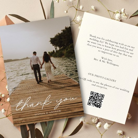Modern Script Photo QR Code Wedding Bedankkaart