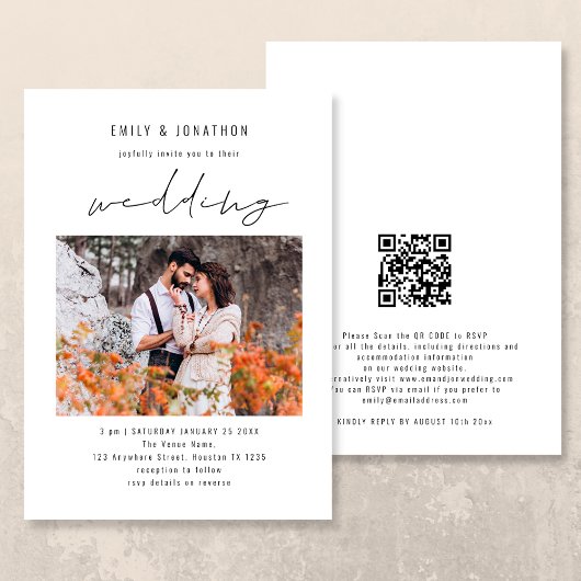 Modern Script Photo QR Code Wedding Kaart