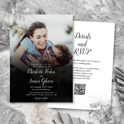Modern Script Photo QR Code Wedding Kaart