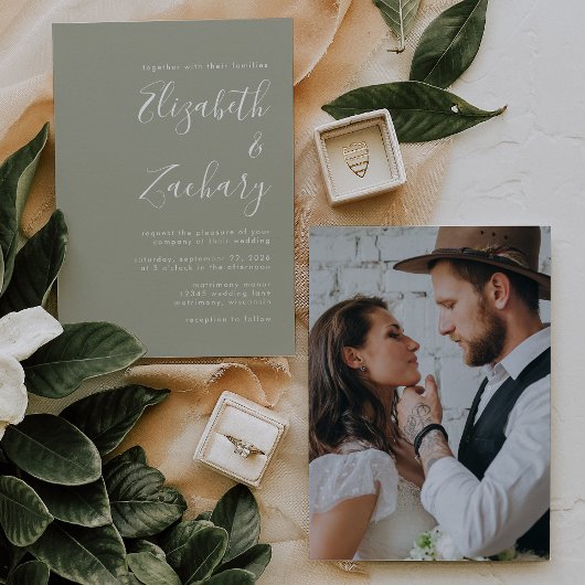 Modern Script Photo Sage Green Wedding Kaart