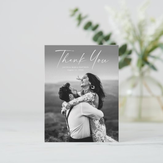 Modern Script Photo Weddenschap Bedankt Briefkaart (Staand voorkant)