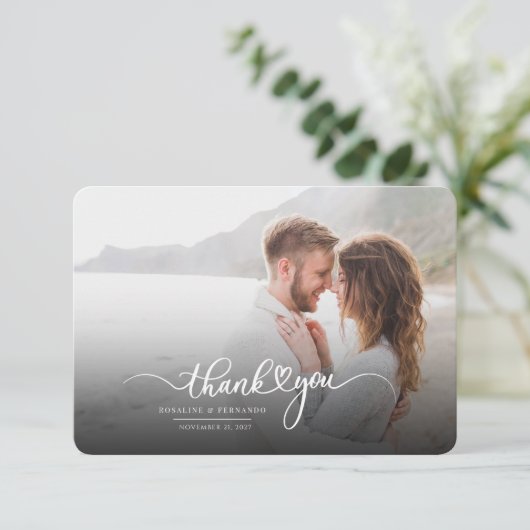 Modern Script Photo Wedding Bedankkaart (Staand voorkant)