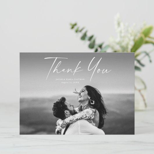 Modern Script Photo Wedding Bedankkaart (Staand voorkant)