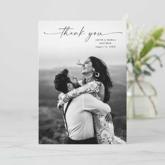 Modern Script Photo Wedding Bedankkaart (Staand voorkant)
