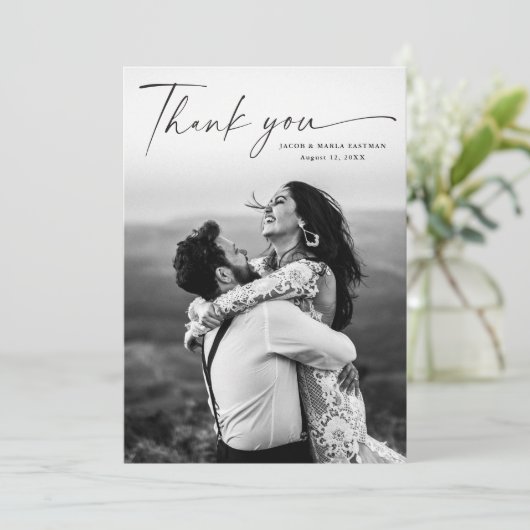 Modern Script Photo Wedding Bedankkaart (Staand voorkant)