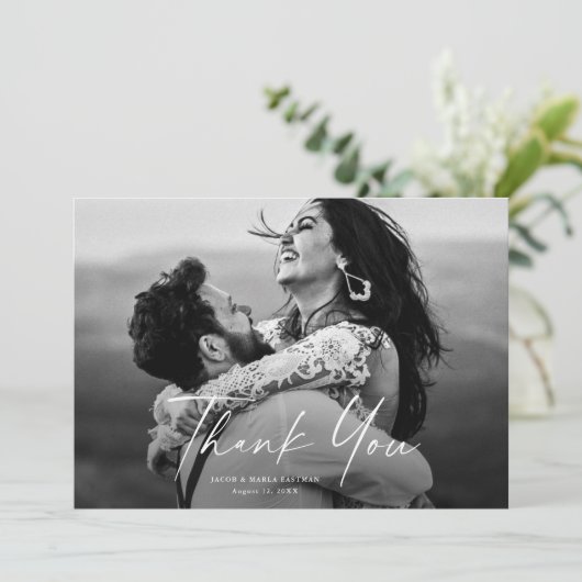 Modern Script Photo Wedding Bedankkaart (Staand voorkant)