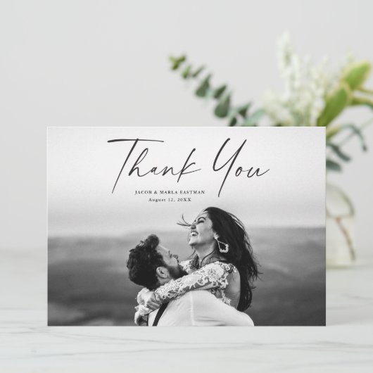 Modern Script Photo Wedding Bedankkaart (Staand voorkant)