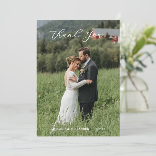 Modern Script Photo Wedding Bedankkaart (Staand voorkant)