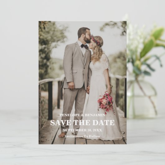 Modern Script Photo Wedding Save The Date Kaart (Staand voorkant)