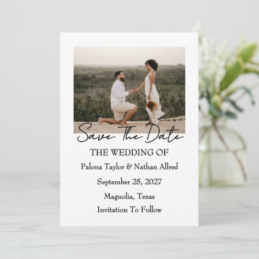Modern Script Photo Wedding Save The Date Kaart (Staand voorkant)