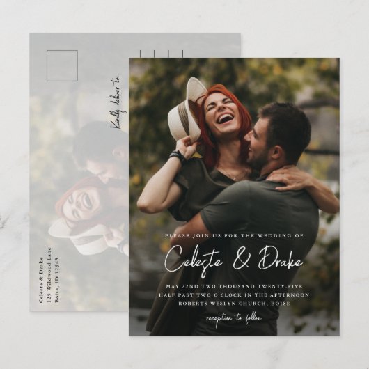 Modern Script Photo Wedding Uitnodiging Briefkaart (Voorkant / Achterkant)
