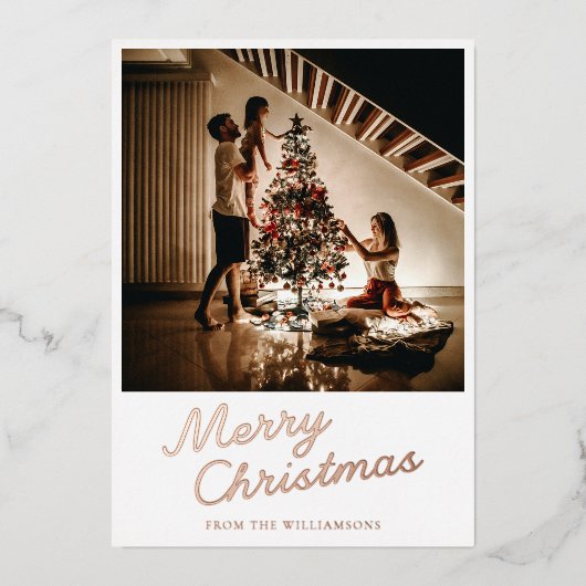 Modern Script Photo White Christmas Rose Gold Folie Feestdagenkaart (Voorkant)