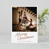 Modern Script Photo White Christmas Rose Gold Folie Feestdagenkaart (Staand Voorkant)