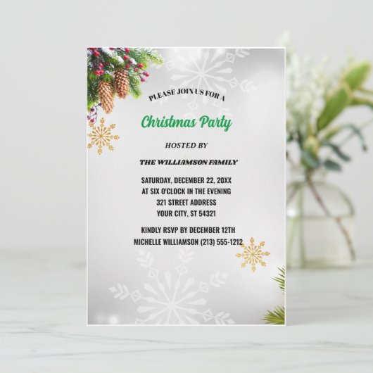 Modern Script Pine Cone Kerstfeest Uitnodiging (Staand voorkant)