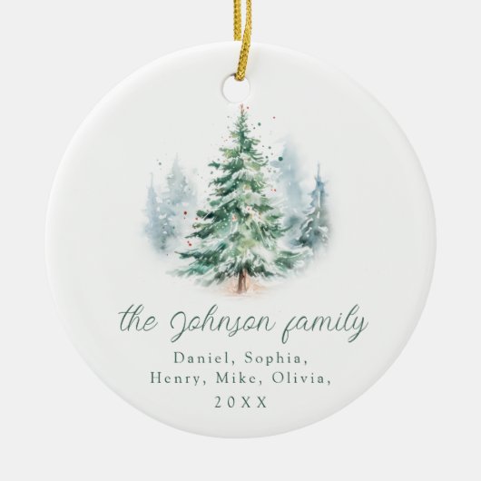 Modern Script Pine Tree Family Christmas Keramisch Ornament (Voorkant)