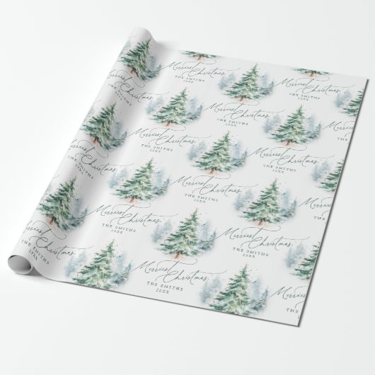 Modern Script Pine Tree Merriest Christmas Cadeaupapier (Uitgerold)