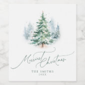 Modern Script Pine Tree Merriest Christmas Wijn Etiket (Enkel label)