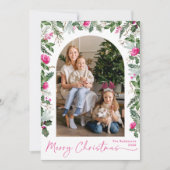 Modern Script Pink Botanical Arch Kerstfoto Feestdagenkaart (Voorkant)