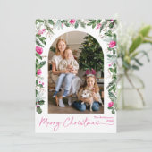 Modern Script Pink Botanical Arch Kerstfoto Feestdagenkaart (Staand voorkant)