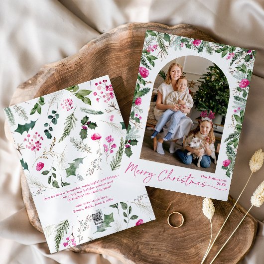 Modern Script Pink Botanical Arch Kerstfoto Feestdagenkaart