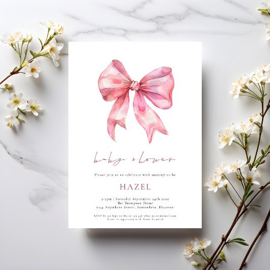 Modern Script Pink Bow-Baby shower Kaart