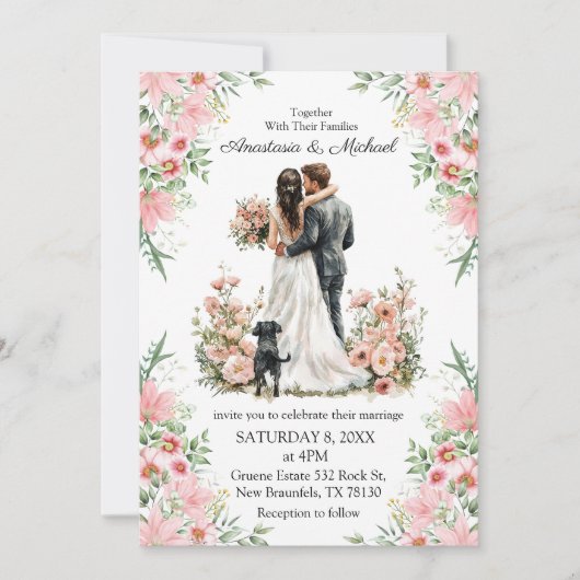  modern script pink floral wedding invitation   notitiekaartje (Voorkant)