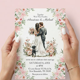 modern script pink floral wedding invitation notitiekaartje