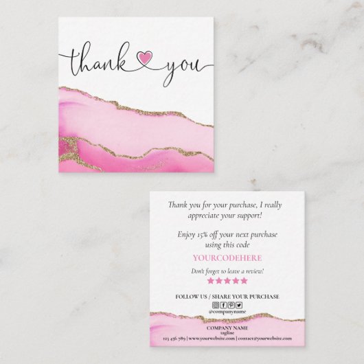 Modern script Pink Heart Bedankt voor uw bestellin Vierkante Visitekaartje (Voorkant / Achterkant)