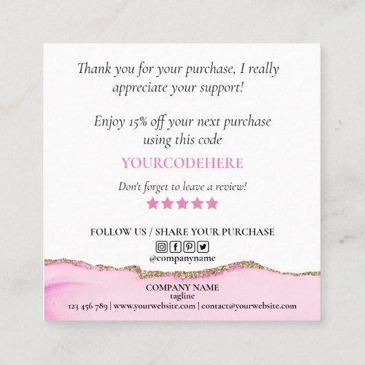 Modern script Pink Heart Bedankt voor uw bestellin Vierkante Visitekaartje (Achterkant)