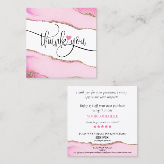 Modern script Pink Heart Bedankt voor uw bestellin Vierkante Visitekaartje (Voorkant / Achterkant)