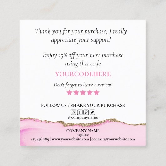 Modern script Pink Heart Bedankt voor uw bestellin Vierkante Visitekaartje (Achterkant)