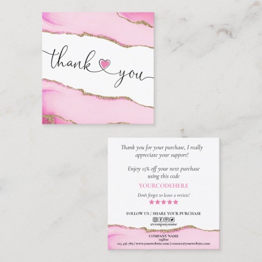 Modern script Pink Heart Bedankt voor uw bestellin Vierkante Visitekaartje (Voorkant / Achterkant)