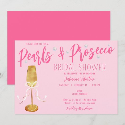 Modern Script Pink Pearls & Prosecco Vrijgezellenf Kaart (Voorkant / Achterkant)