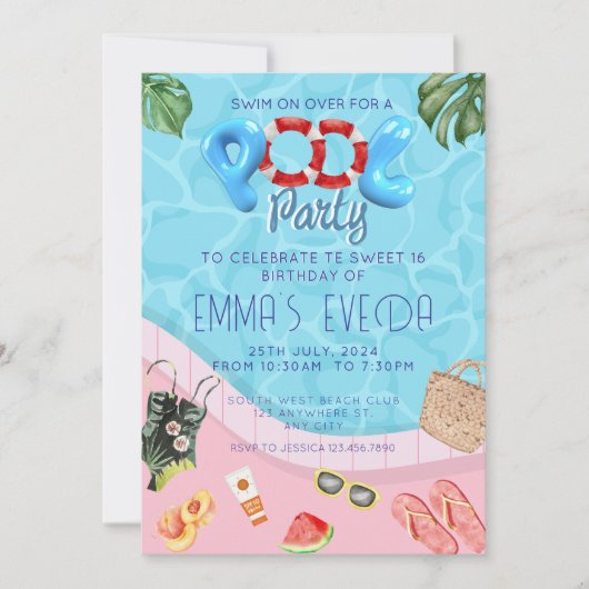 Modern Script Pool Party Sweet 16 verjaardag Kaart (Voorkant)