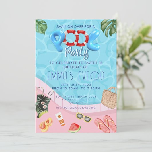 Modern Script Pool Party Sweet 16 verjaardag Kaart (Staand voorkant)