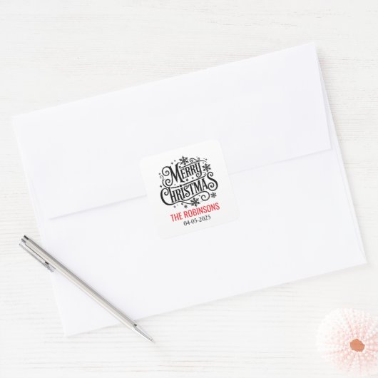 Modern Script Prettig Kerstfeest | Aangepaste Vier Vierkante Sticker (Envelop)