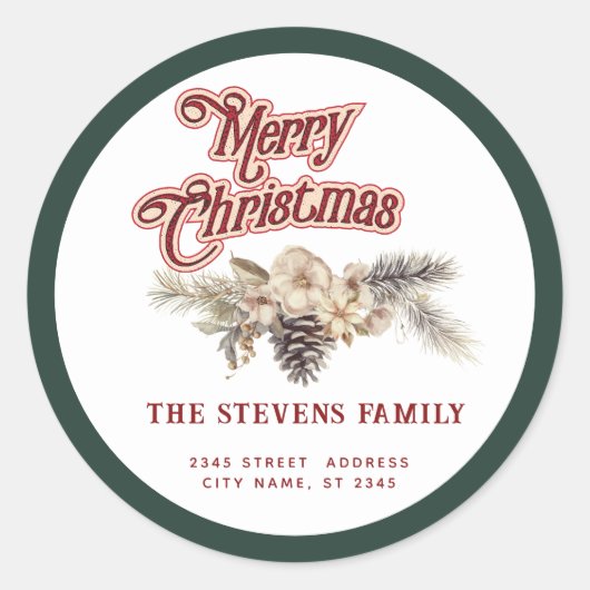 Modern script Prettig kerstfeest denneappel bloem Ronde Sticker (Voorkant)