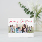 Modern Script Prettig Kerstfeest Drie Foto Feestdagenkaart (Staand voorkant)