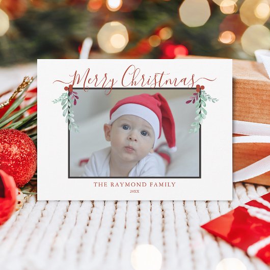 Modern Script Prettig Kerstmis Bloemstuk Lijst Fot Feestdagenkaart