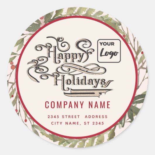 Modern script Prettige feestdagen rode holly logo Ronde Sticker (Voorkant)
